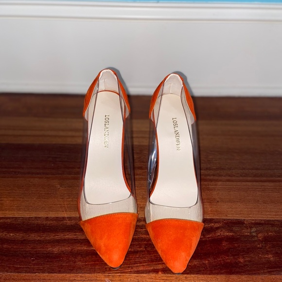 Clear and Orange Suede Heels - Picture 2 of 4